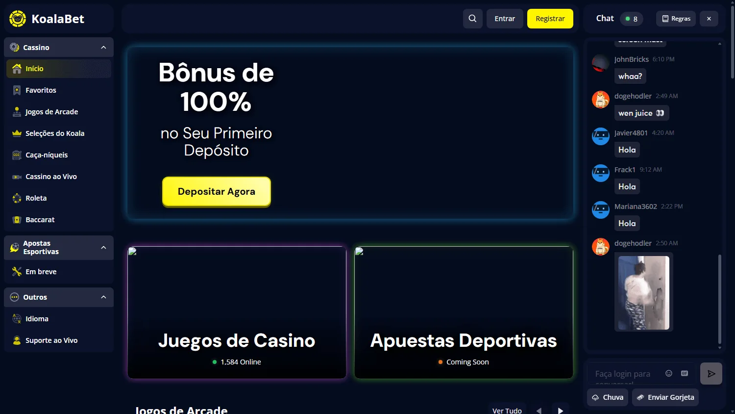 Koala Casino home page on desktop